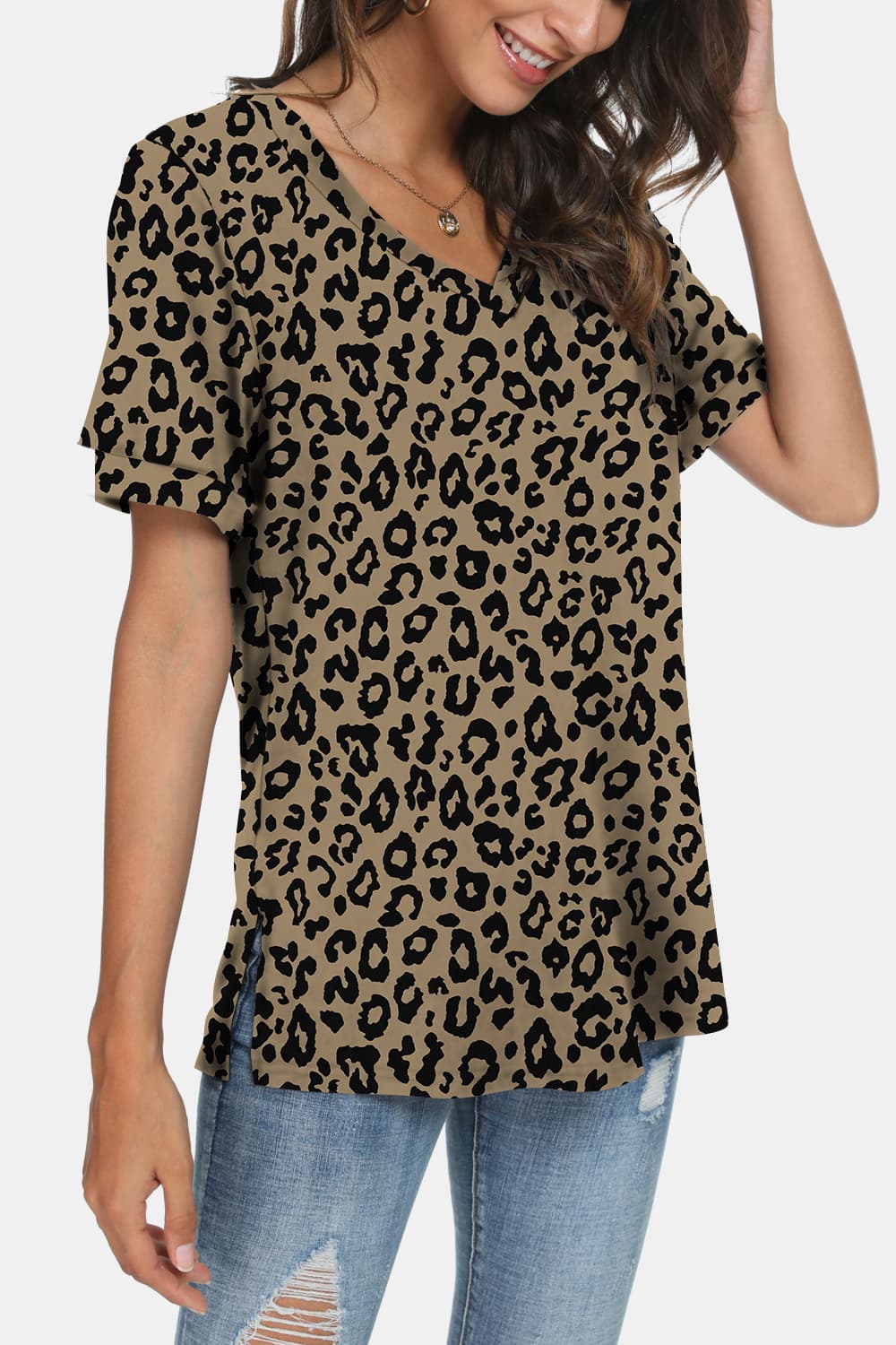 Leopard Print V-Neck Short Sleeve T-Shirt