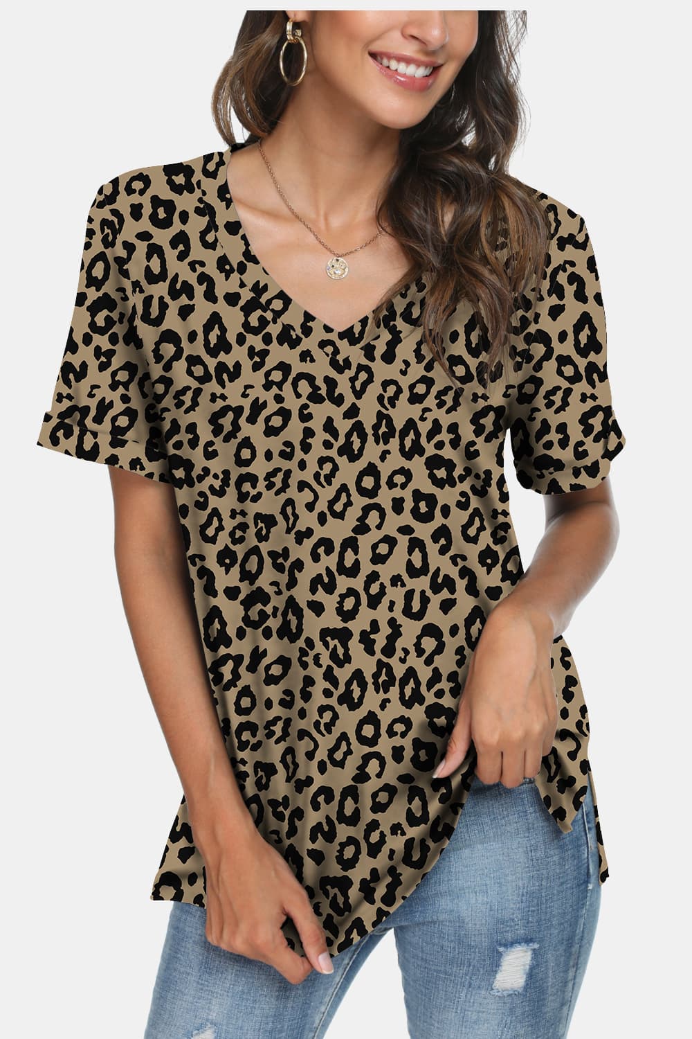 Leopard Print V-Neck Short Sleeve T-Shirt