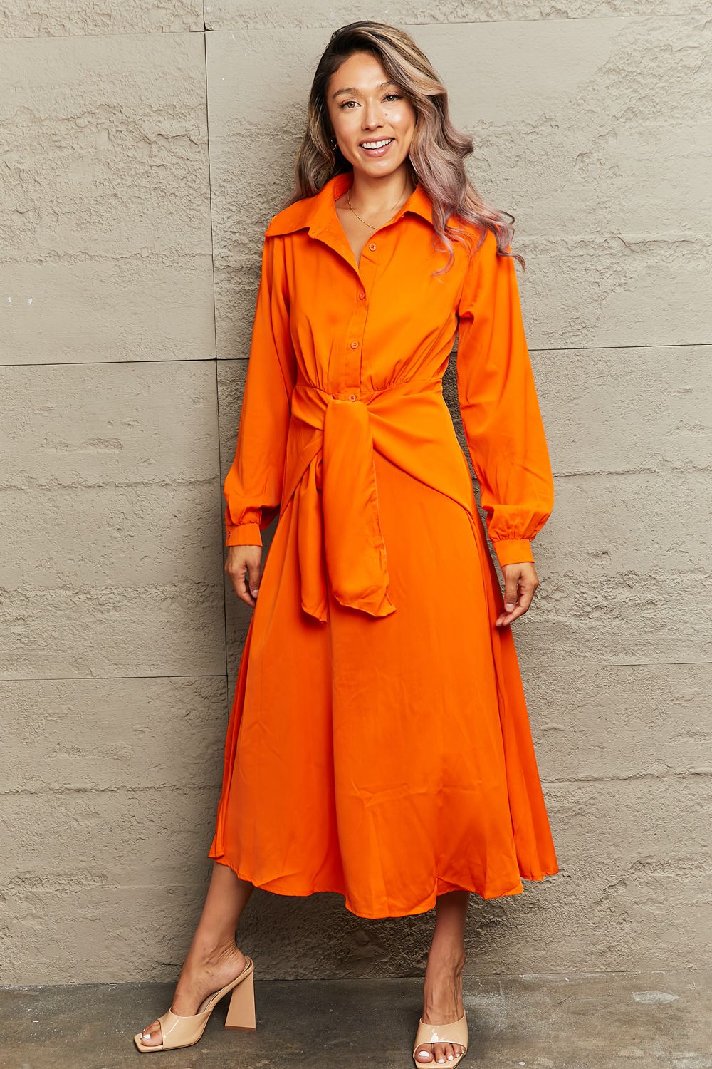 Collared Neck Long Sleeve Twisted Midi Dress