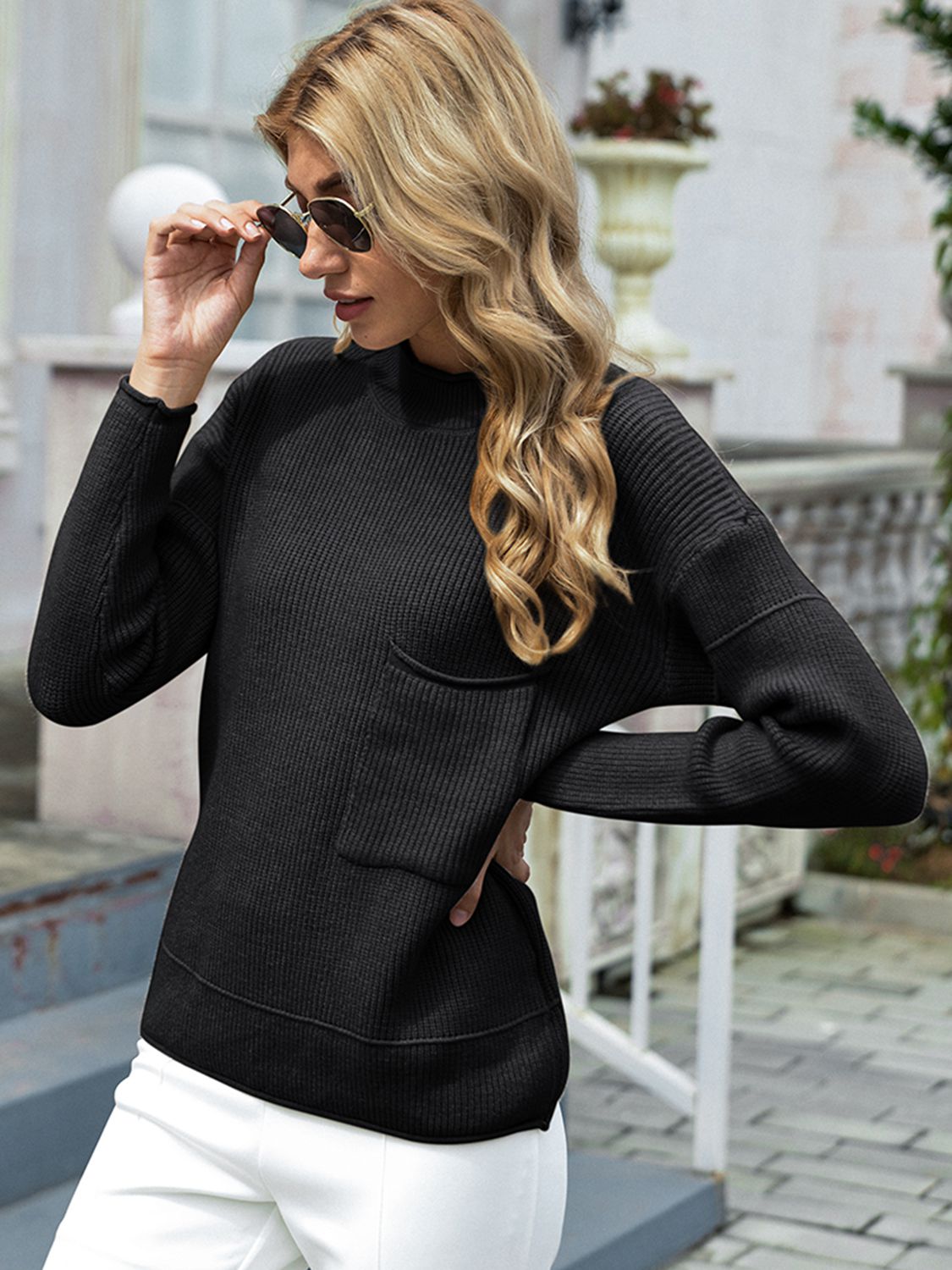 Round Neck Dropped Shoulder Sweater with Pocket