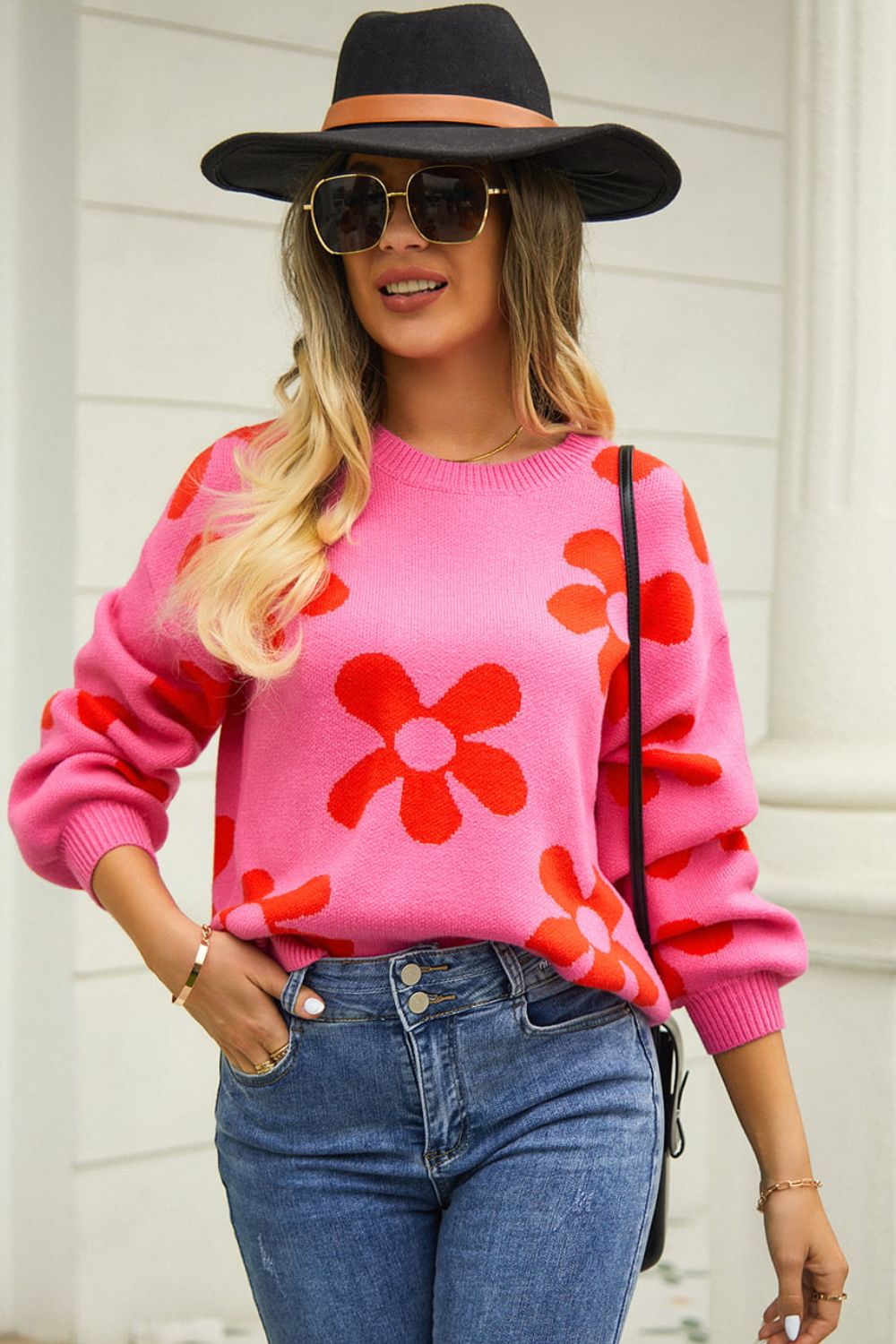 Floral Print Round Neck Dropped Shoulder Pullover Sweater