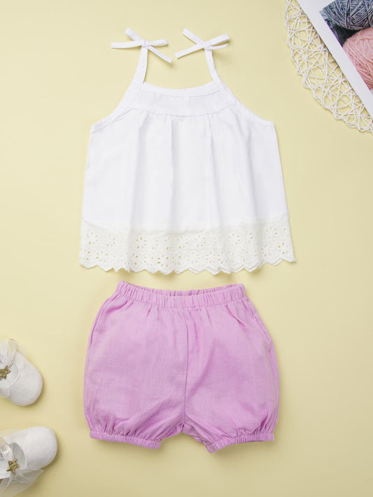Spliced Lace Cami and Elastic Waist Shorts Set