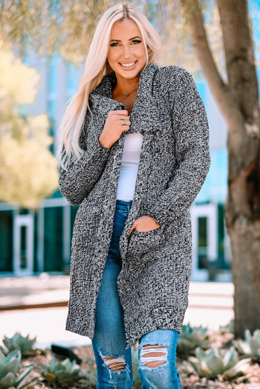 Heathered Open Front Longline Cardigan with Pockets