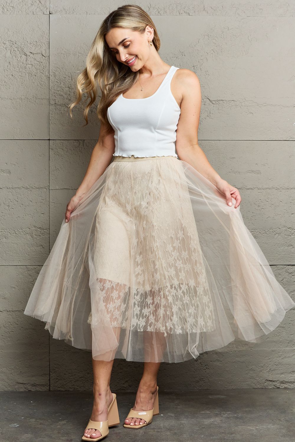 Ninexis Lace Flowy Midi Skirt