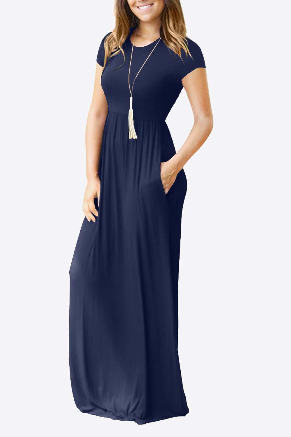 Full Size Short Sleeve Round Neck Dress with Pockets