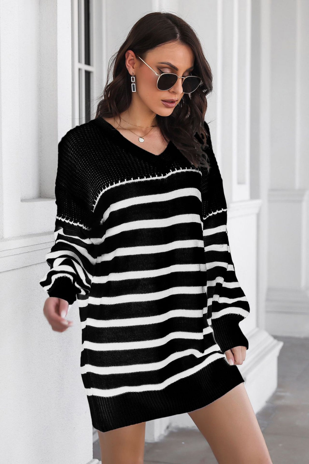 Striped V-Neck Drop Shulder Sweater Dress