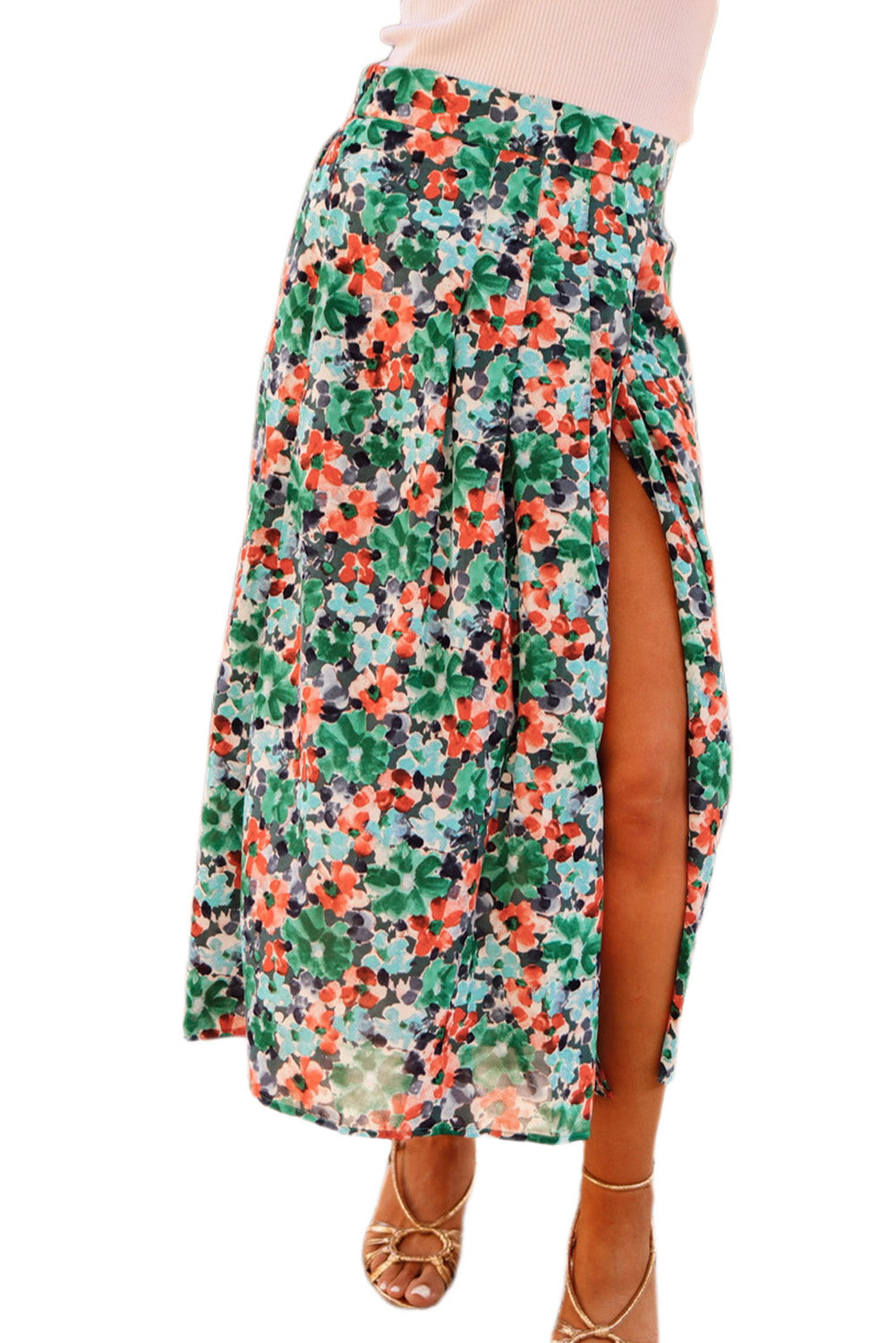 Floral Print Pleated Slit Skirt